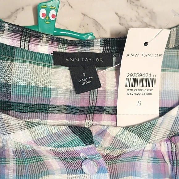 NWT Ann Taylor Cotton Plaid Ruffle Sleeve Top, Size S - Picture 6 of 9